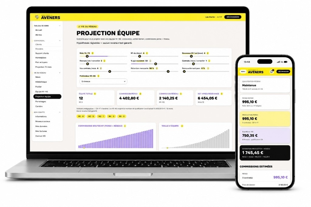 Espace conseiller Aveners — projection équipe desktop et mobile